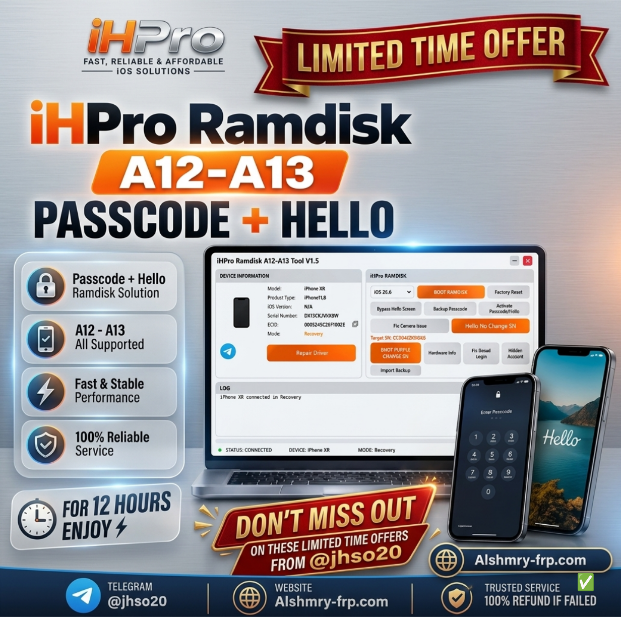 iHPro Multi Tool - Ramdisk Hello Screen - Passcode Bypass With Jailbreak/Without Jailbreak